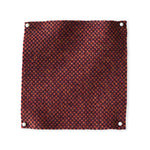 Pinned swatch of woven fabric in dark red. 