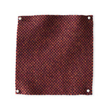 Pinned swatch of woven fabric in dark red. 