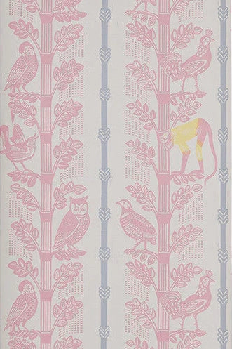 Detail of wallpaper in a linear monkey, bird and leaf print in pink, blue and yellow on a cream field.