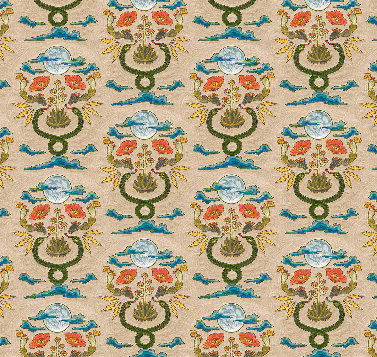 Fabric in a playful snake, plant and moon print in jewel tones on a tan field. 