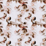 Detail of fabric in an abstract floral print in pink, coral and brown on a white field.