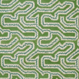 Detail of fabric in a dense meandering print in white, blue and navy on a green field.