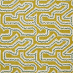 Detail of fabric in a dense meandering print in white, turquoise and gray on a mustard field.