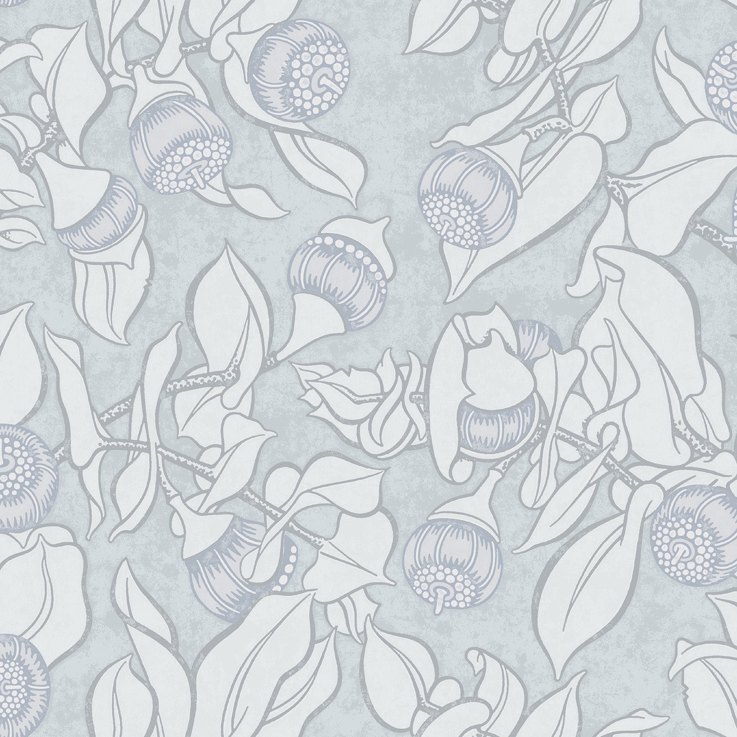 Patterned wallpaper with blooms and leaves on a light blue background