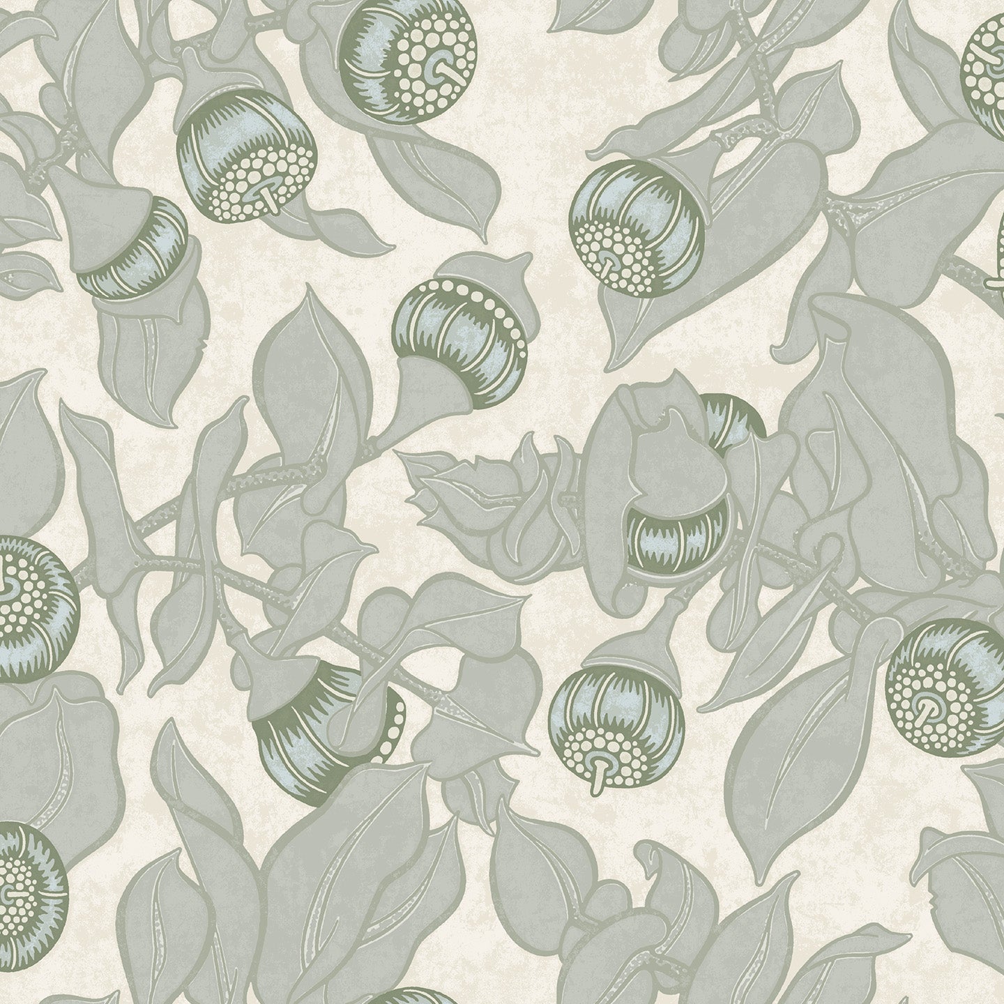 Patterned wallpaper with blooms and leaves in green on a light grey-green background