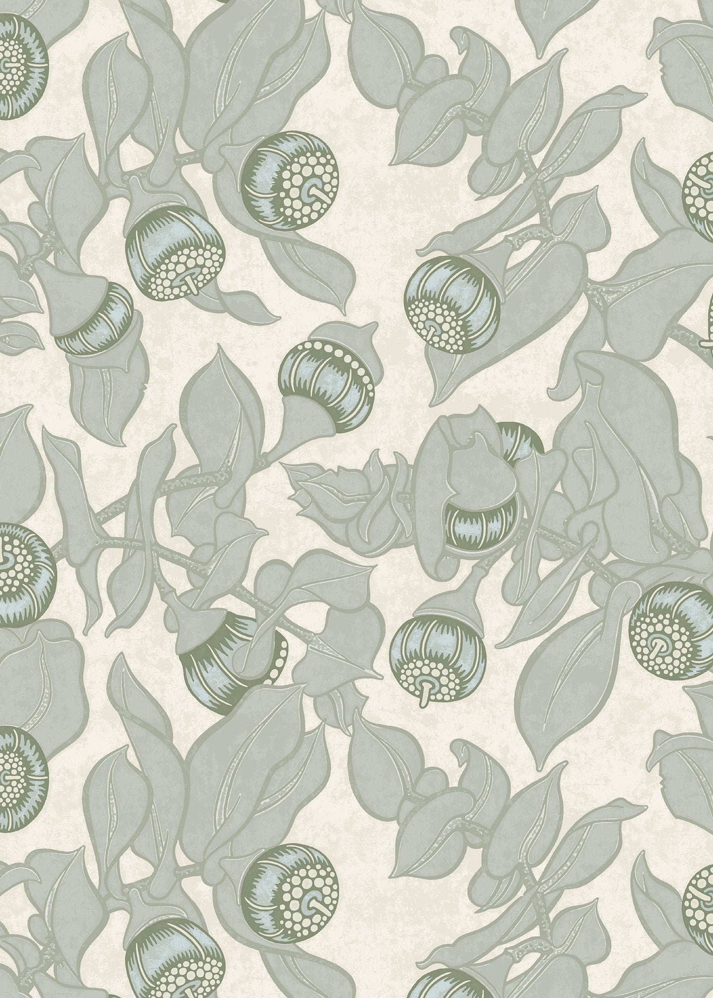 Patterned wallpaper with blooms and leaves in green on a light grey-green background
