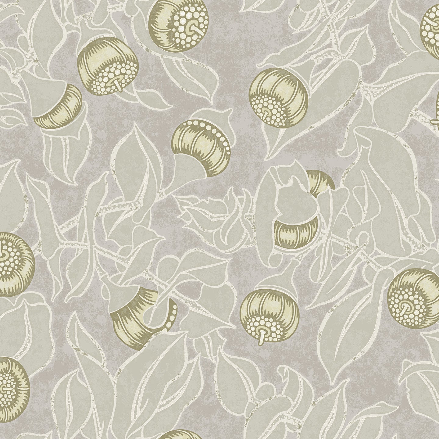 Patterned wallpaper with blooms and leaves in tonal grey-yellow.