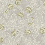 Patterned wallpaper with blooms and leaves in tonal grey-yellow.