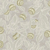 Patterned wallpaper with blooms and leaves in tonal grey-yellow.