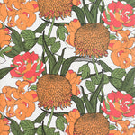 Wallpaper pattern in a handrawn details floral pattern in orange, red and green on a white field. 