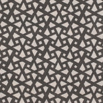Detail of fabric in a geometric lattice print in charcoal on a greige field.