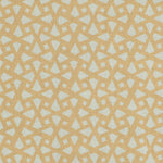 Detail of fabric in a geometric lattice print in gold on a cream field.