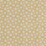 Detail of fabric in a geometric lattice print in gold on a cream field.