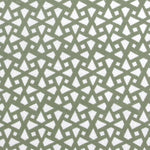 Detail of fabric in a geometric lattice print in sage on a white field.