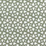 Detail of fabric in a geometric lattice print in sage on a white field.