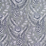 Detail of fabric in a dense floral print in black and white on a light gray field.