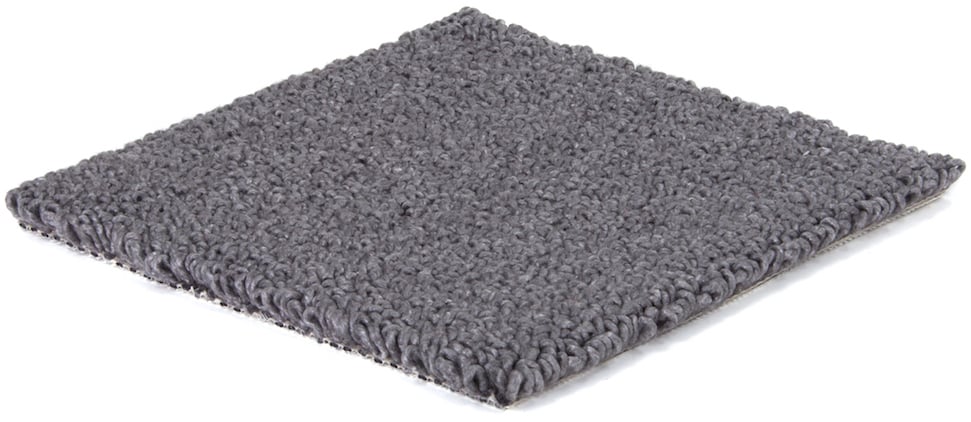 A square gray loop carpet sample with a thick, textured pile, shown at an angle on a white background.