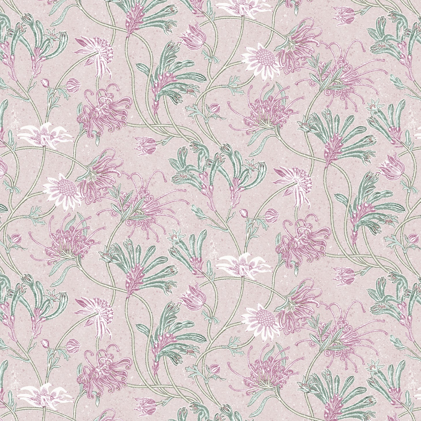 Detail of wallpaper in a painterly floral print in shades of white, pink and green on a mauve field.