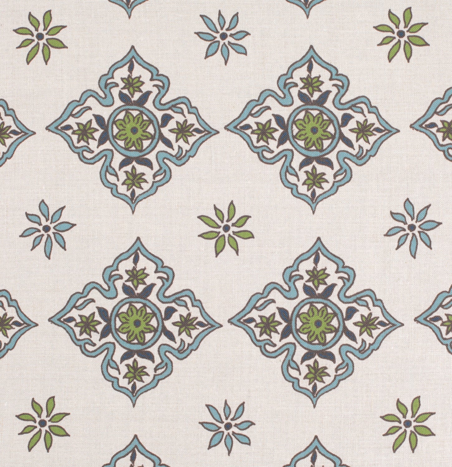 Detail of fabric in a diamond damask print in shades of green and blue on a cream field.