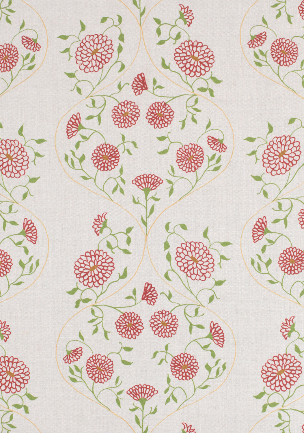 Detail of fabric in a floral lattice print in red, orange and green on a cream field.