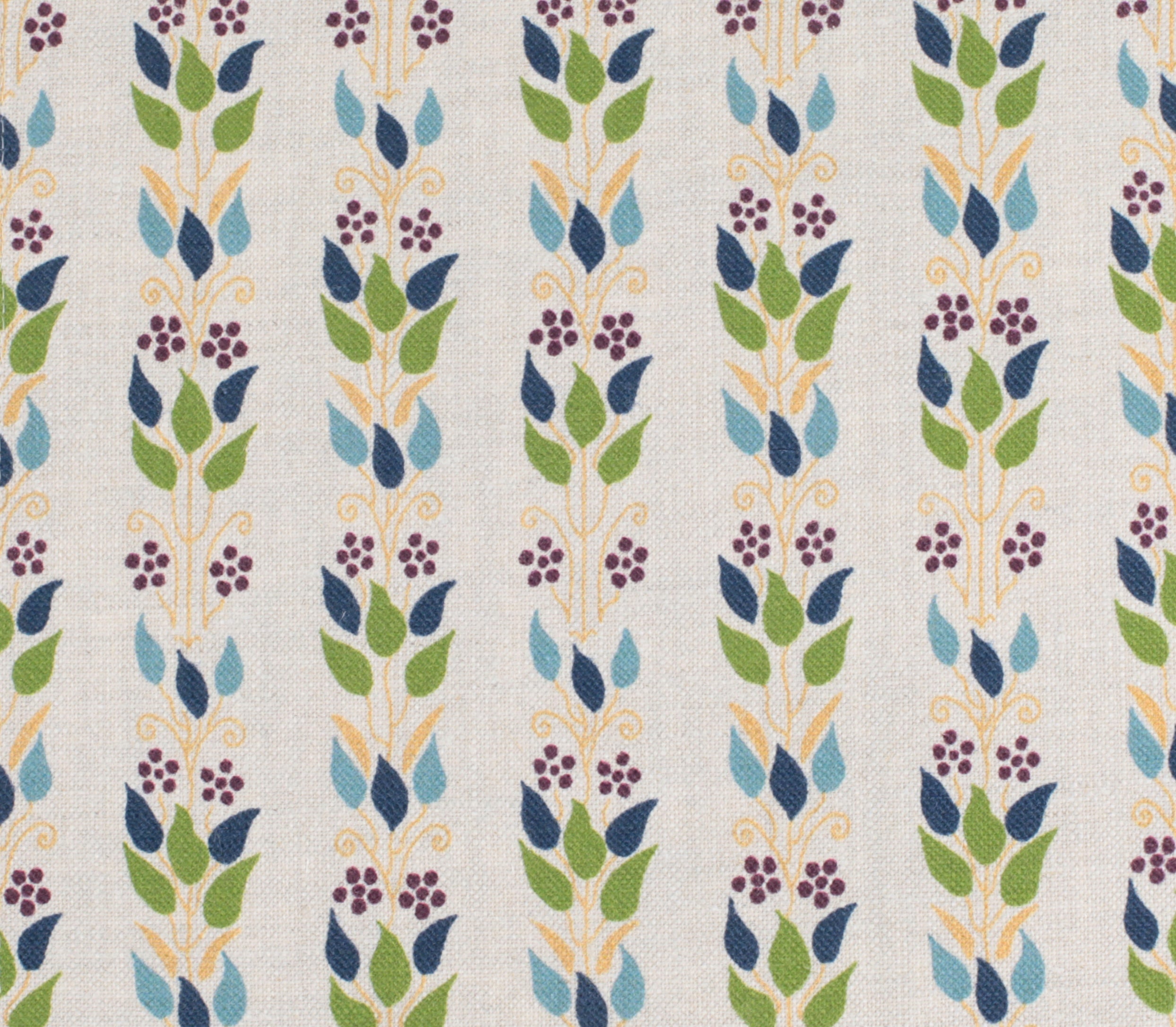 Detail of fabric in a striped botanical print in shades of blue, purple and green on a cream field.