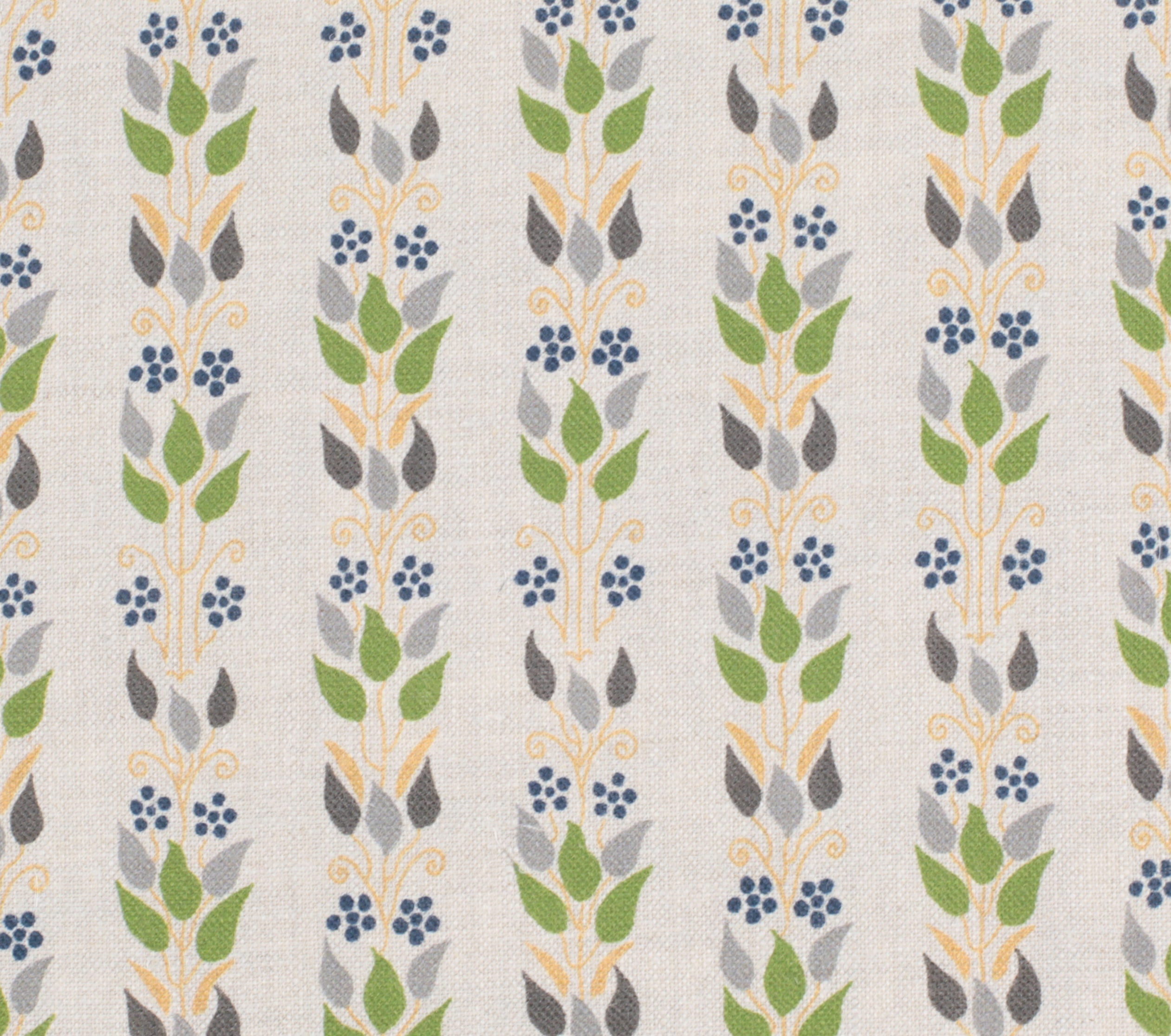 Detail of fabric in a striped botanical print in shades of yellow, gray and green on a greige field.