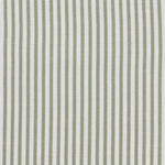 Detail of fabric in a small-scale stripe print in sage on a greige field.