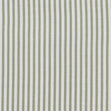 Detail of fabric in a small-scale stripe print in sage on a greige field.