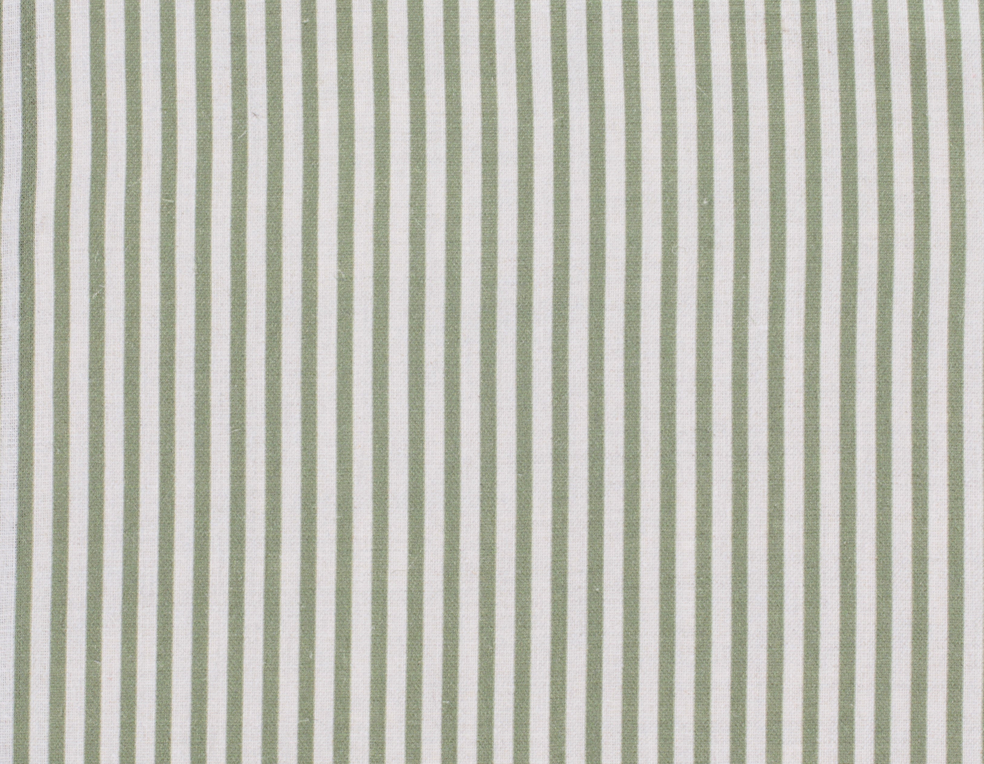 Detail of fabric in a small-scale stripe print in sage on a greige field.