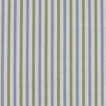 Detail of fabric in a small-scale stripe print in green and blue on a greige field.