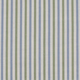 Detail of fabric in a small-scale stripe print in green and blue on a greige field.