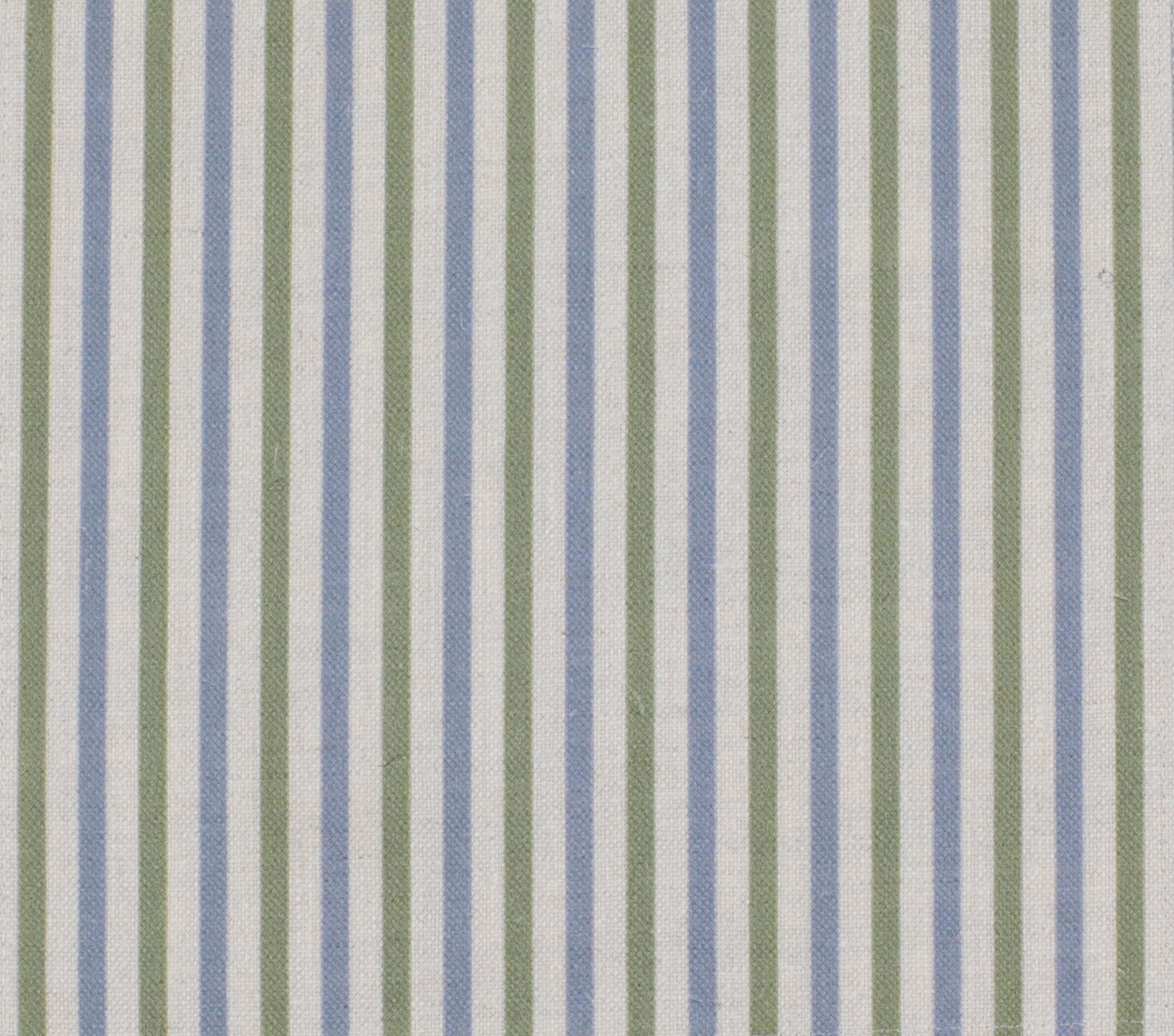 Detail of fabric in a small-scale stripe print in green and blue on a greige field.