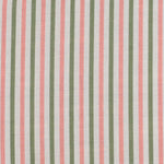 Detail of fabric in a small-scale stripe print in sage and pink on a greige field.