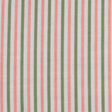 Detail of fabric in a small-scale stripe print in sage and pink on a greige field.