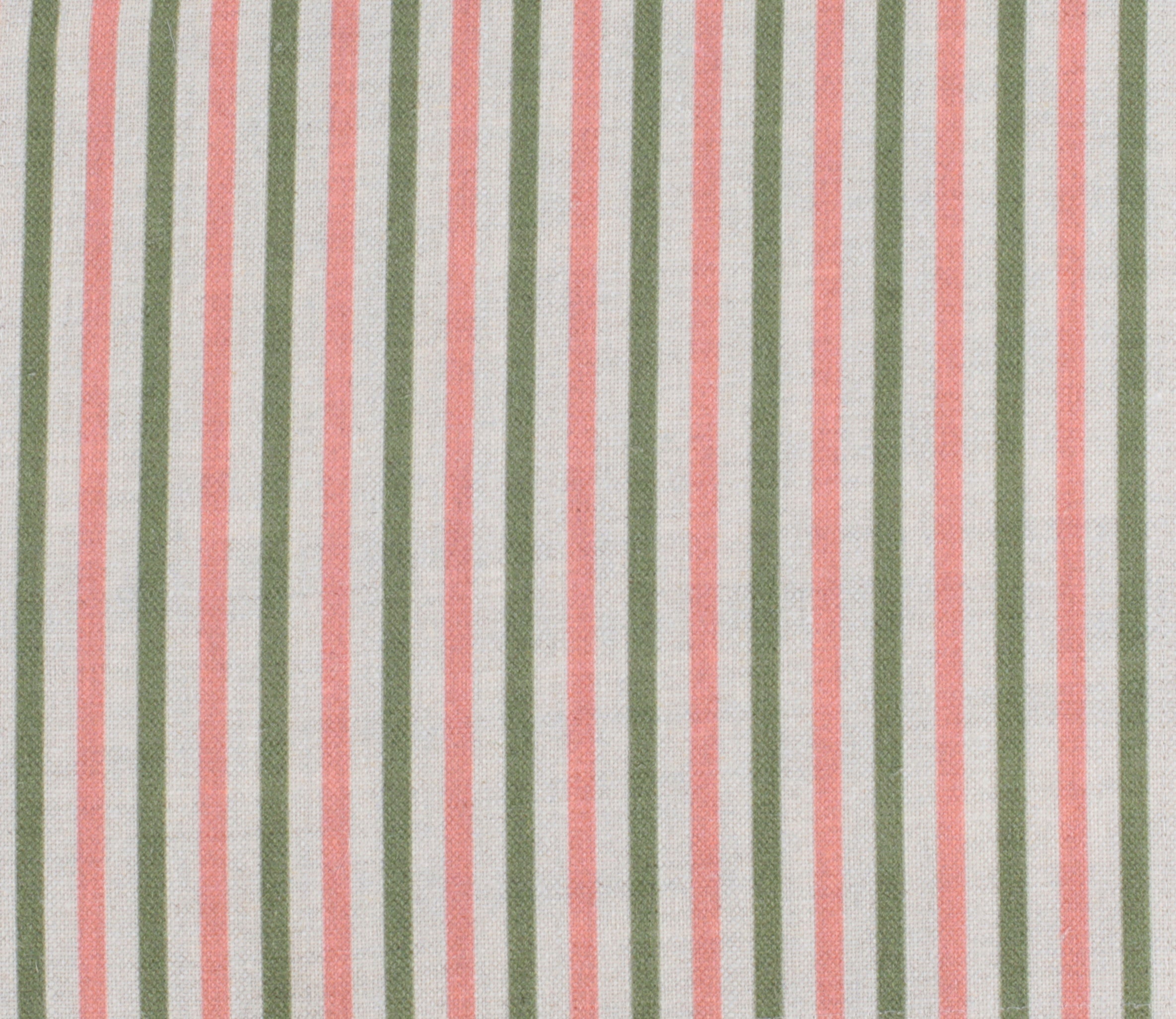 Detail of fabric in a small-scale stripe print in sage and pink on a greige field.