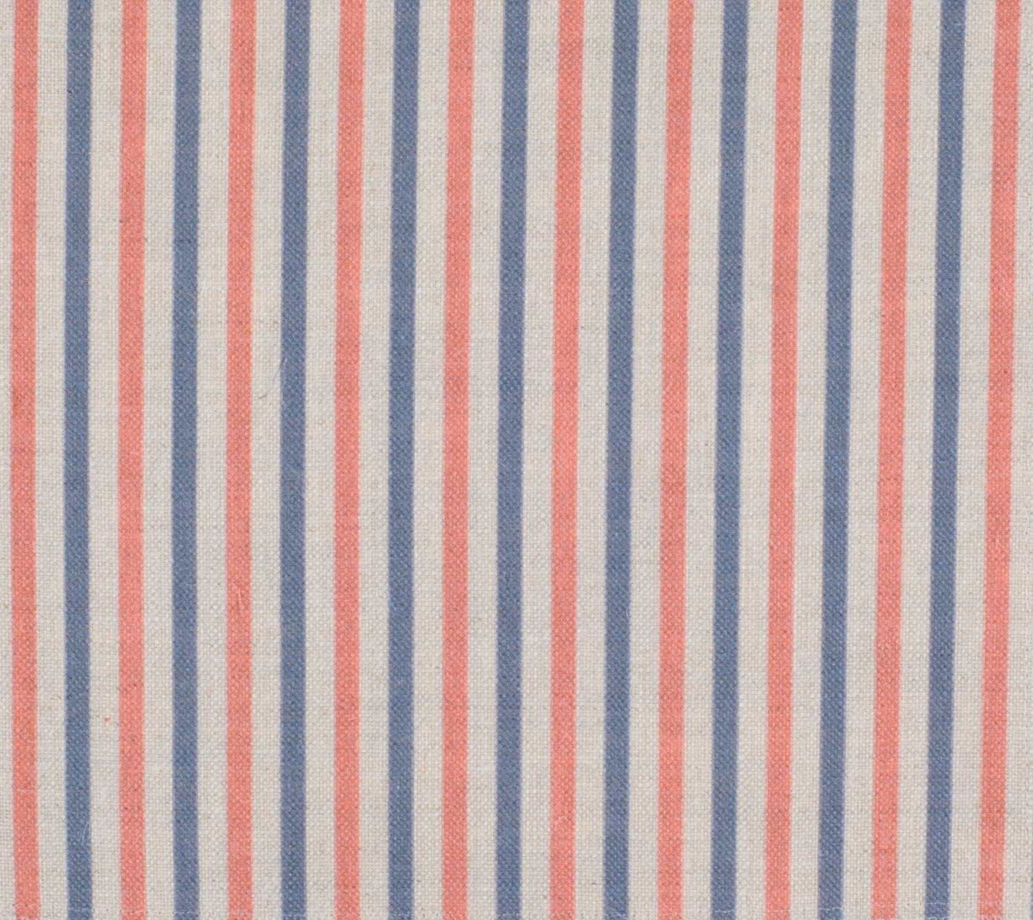Detail of fabric in a small-scale stripe print in pink and blue on a greige field.