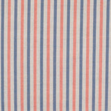 Detail of fabric in a small-scale stripe print in pink and blue on a greige field.