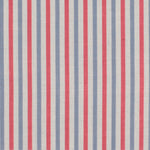 Detail of fabric in a small-scale stripe print in red and blue on a cream field.
