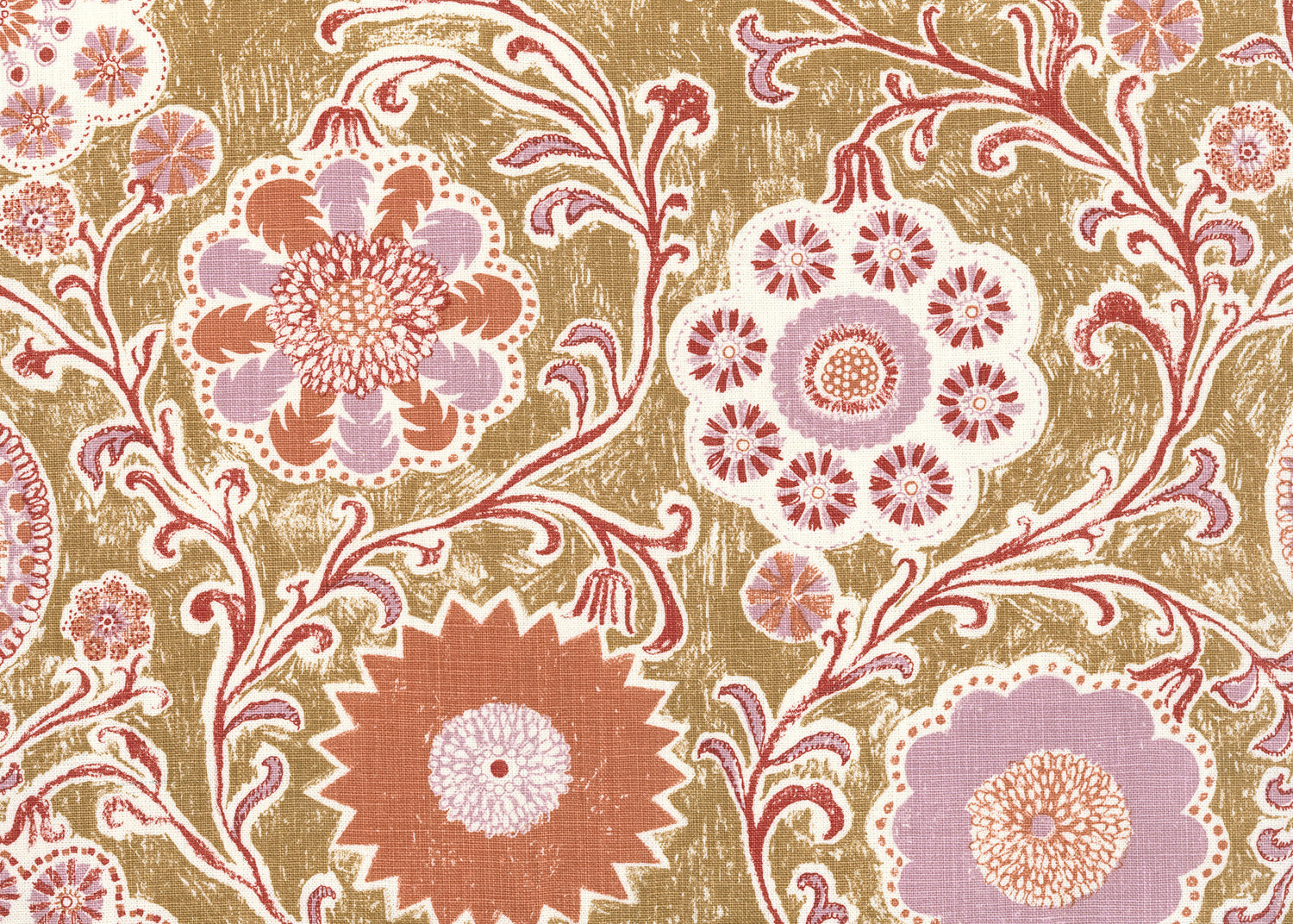Printed linen in a handdrawn playful floral design in coral, lilac and red against a tan field. 