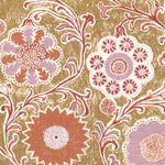 Printed linen in a handdrawn playful floral design in coral, lilac and red against a tan field. 