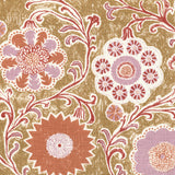 Printed linen in a handdrawn playful floral design in coral, lilac and red against a tan field. 