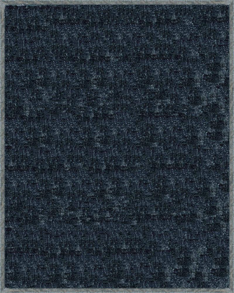 Handloomed rug with neutral border and raised cut pile shag field in midnight blue.
