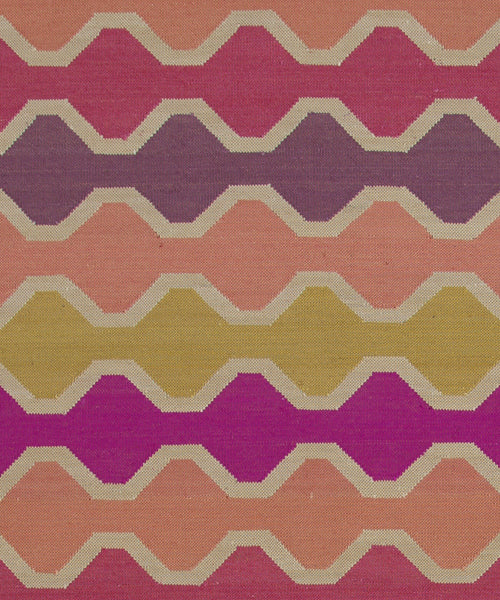 Flatweave rug with zigzag pattern in pink, orange, purple and yellow 
