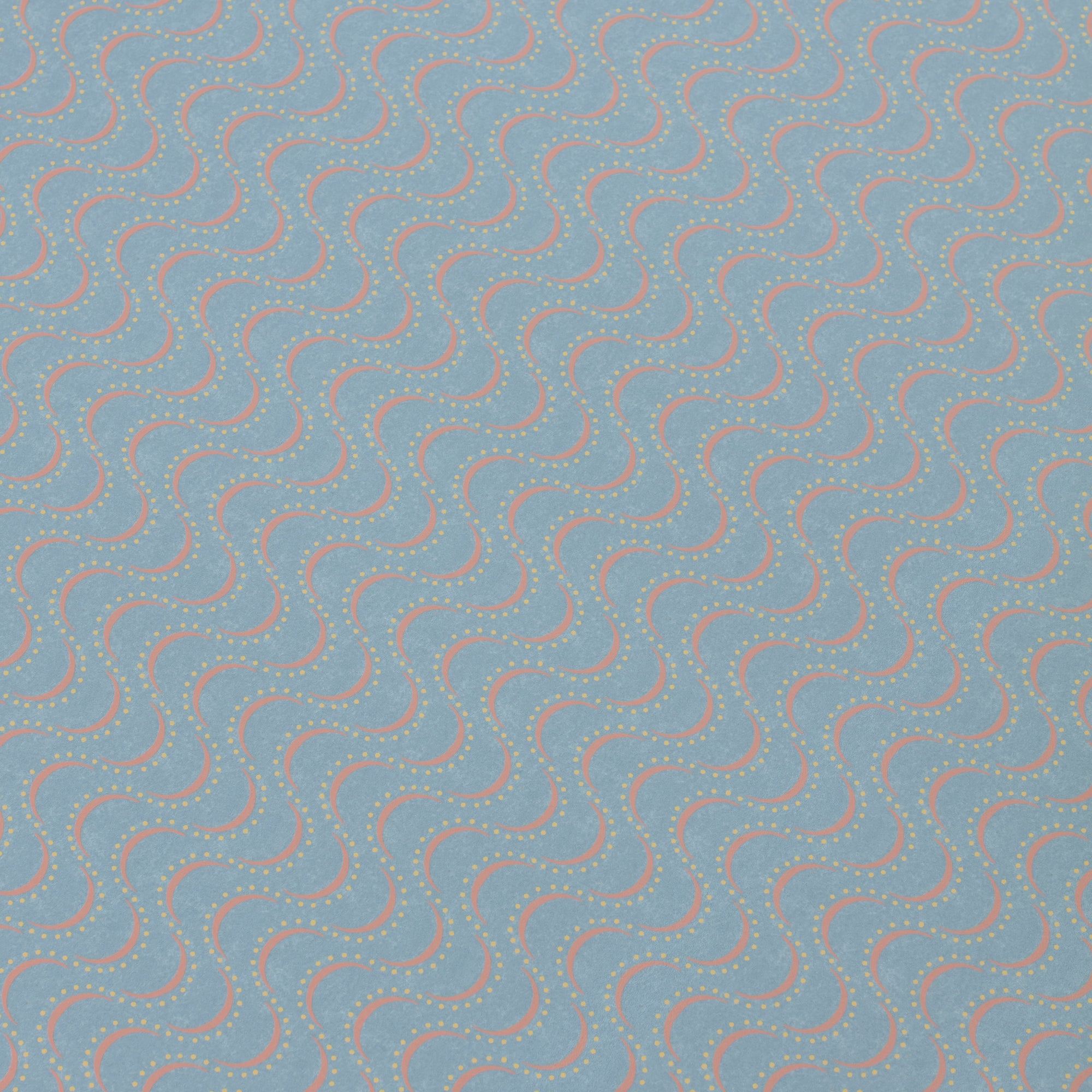 Detail of a wallpaper panel in an undulating stripe pattern in yellow and coral on a light blue field.