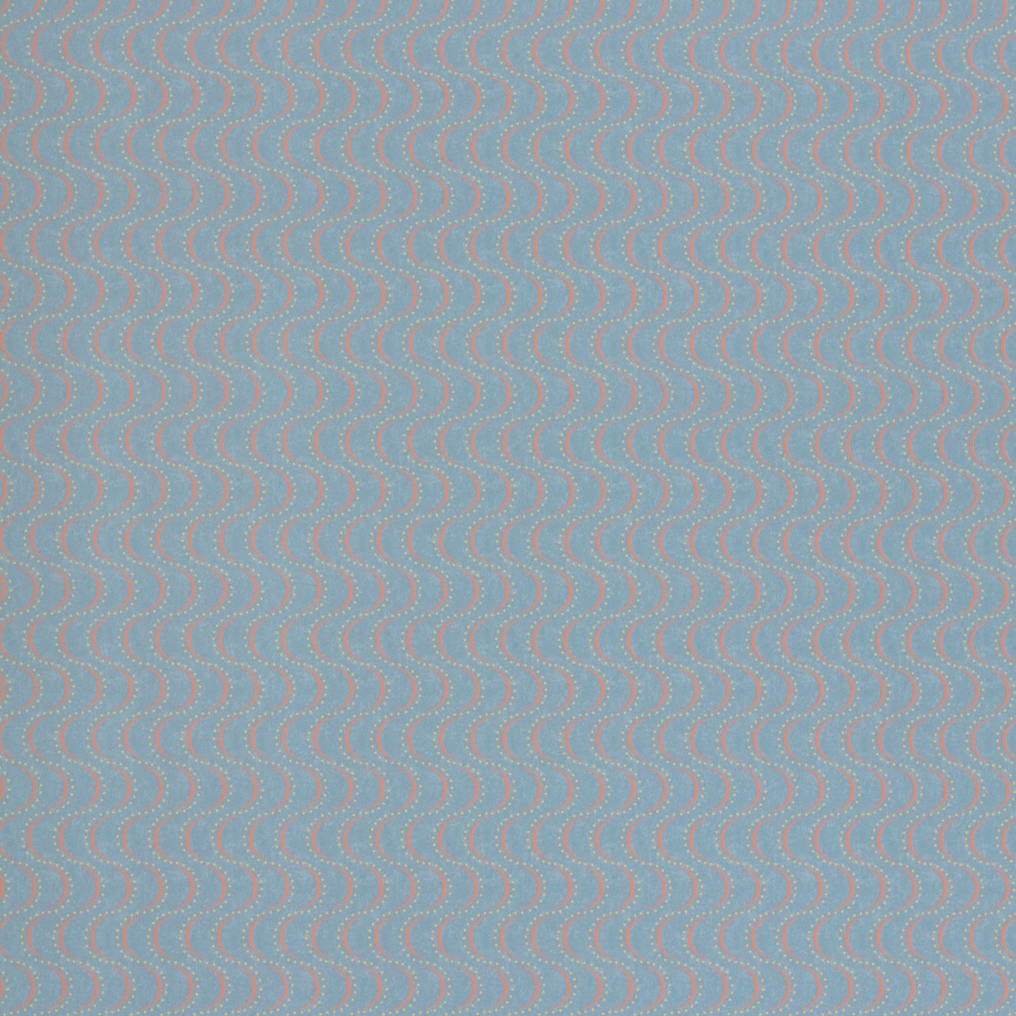 Wallpaper panel in an undulating stripe pattern in yellow and coral on a light blue field.