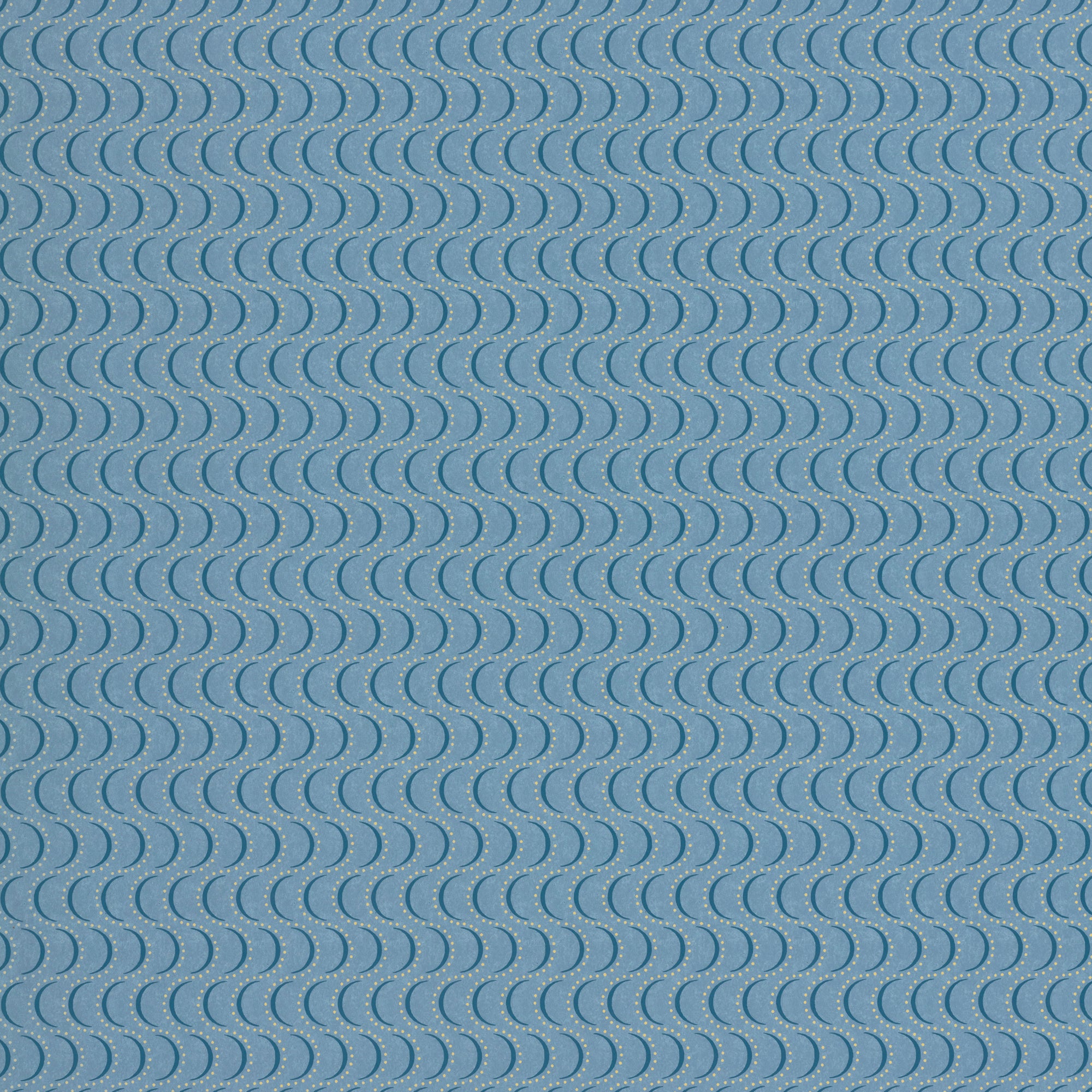 Wallpaper panel in an undulating stripe pattern in yellow and navy on a blue field.