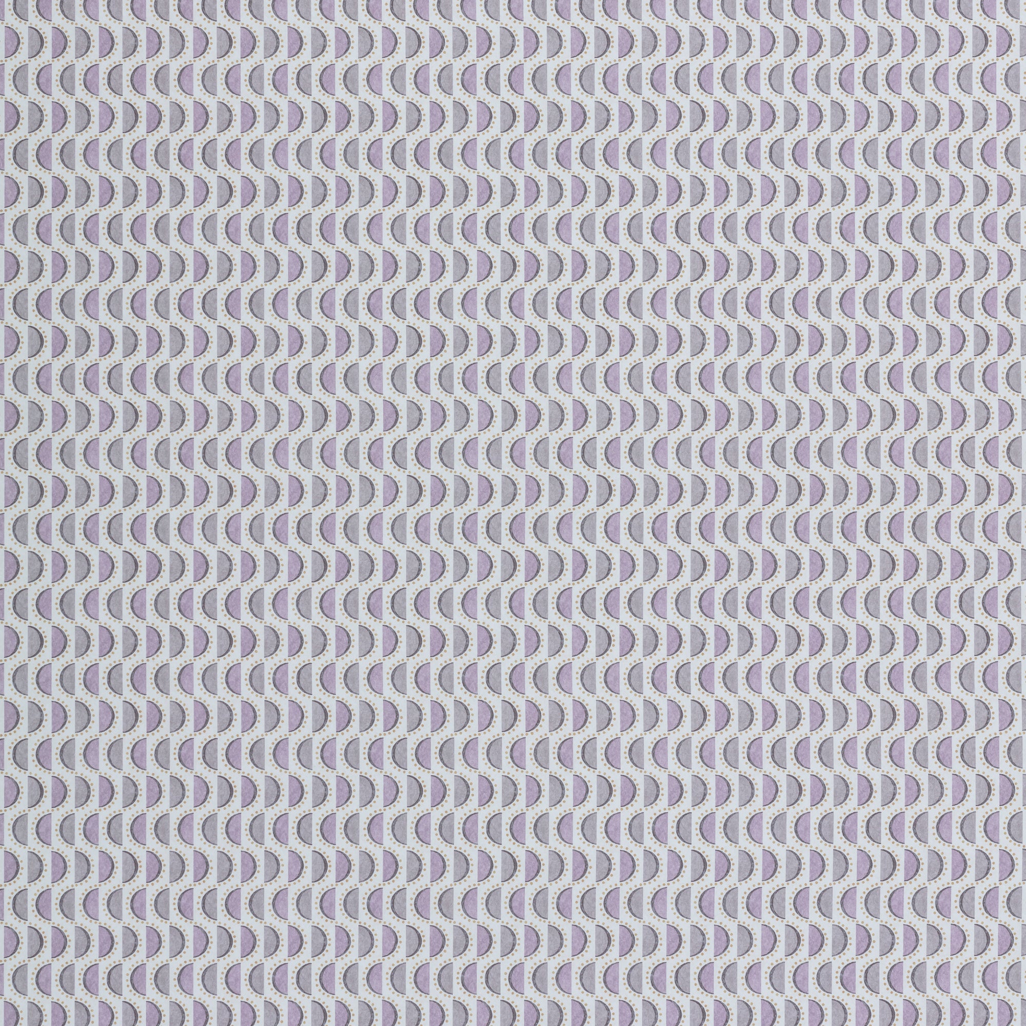 Wallpaper panel in a linear geometric print in shades of purple and navy on a light blue field.