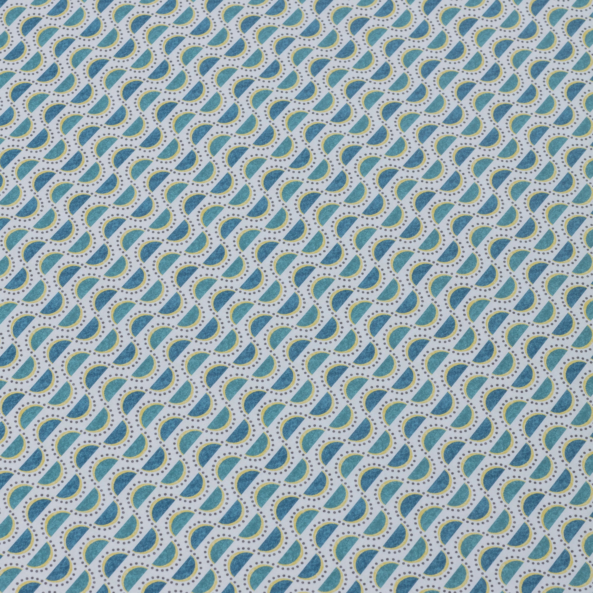 Detail of a wallpaper panel in a linear geometric print in shades of turquoise, blue and yellow on a light blue field.