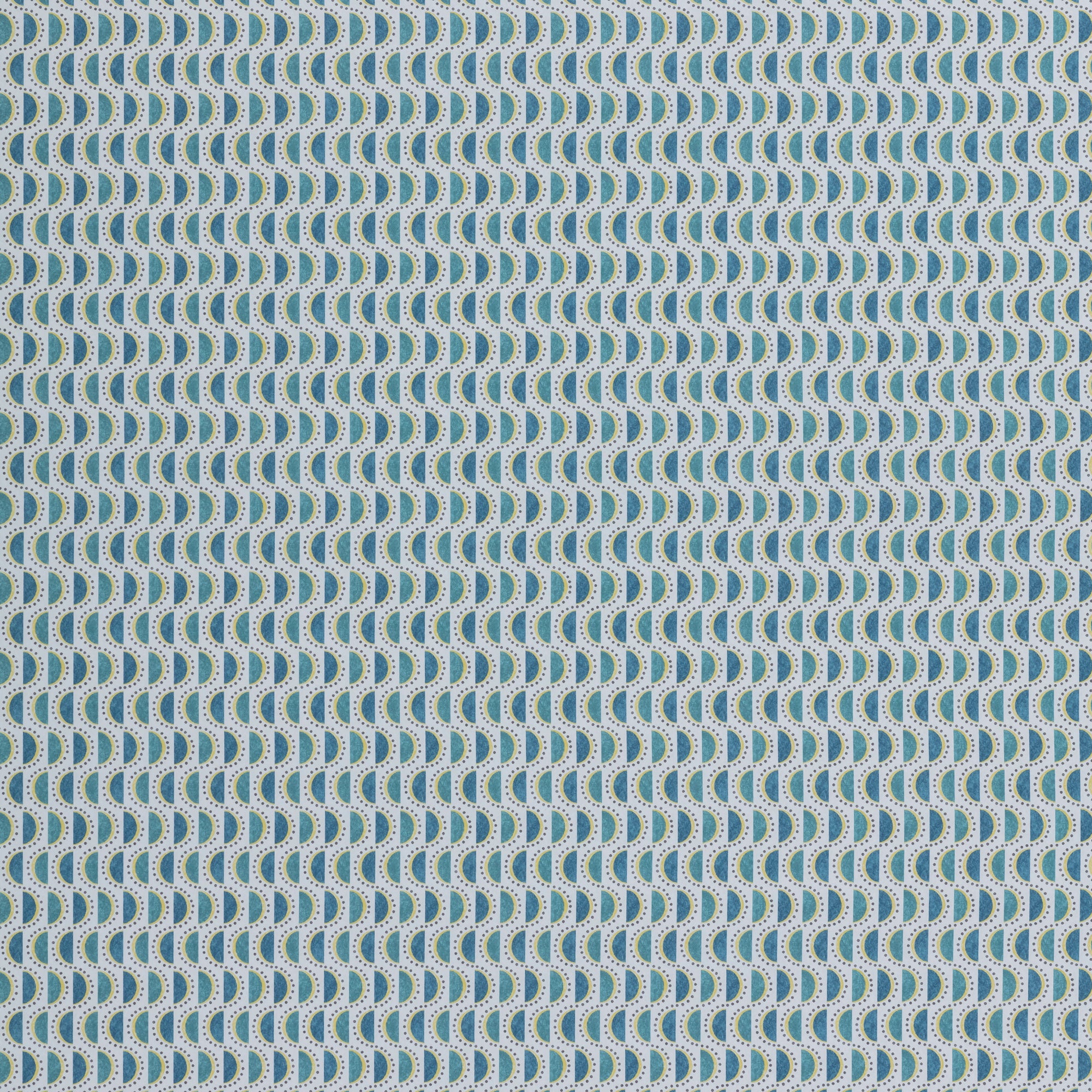 Wallpaper panel in a linear geometric print in shades of turquoise, blue and yellow on a light blue field.