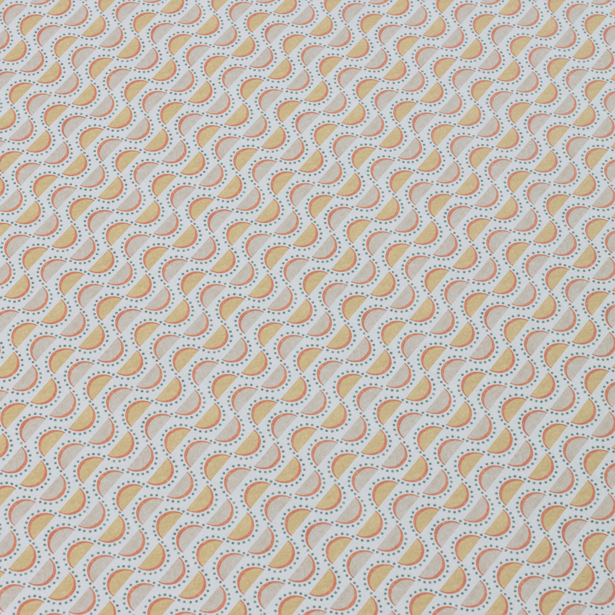 Detail of a wallpaper panel in a linear geometric print in shades of purple, blue and yellow on a light blue field.
